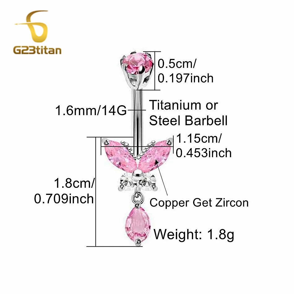 G23titan Colors Zircon Butterfly Belly Button Ring Surgical Steel Titanium Rod Women Navel Jewelry Ombligo Piercing Sexy Items