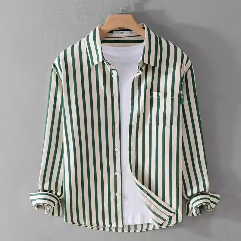 Premium Striped Men's Long Sleeve Shirt Jacket Thin Style Spring Summer New Japanese Style Casual Fashion Polyester Fiber
