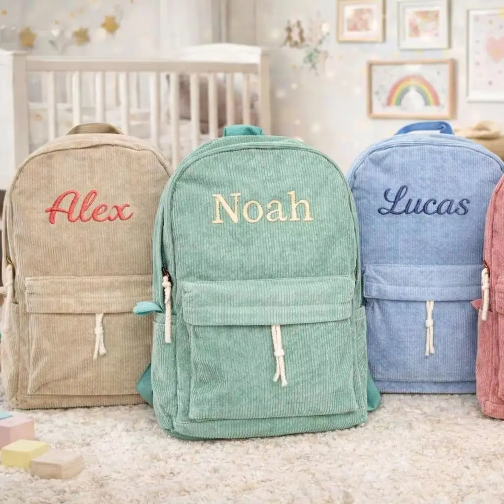 Embroidered Name Kids School Bag Personalized Toddler Backpack Child Corduroy Backpack Birthday Gift Laptop Bag Back to School
