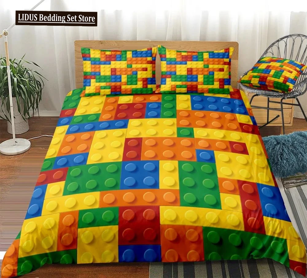 

Toy Print Bedding Set Dot Building Blocks Comforter Cover Kids Boy Bed Cover Colorful Bricks Game Bedlinen Duvet Cover Set