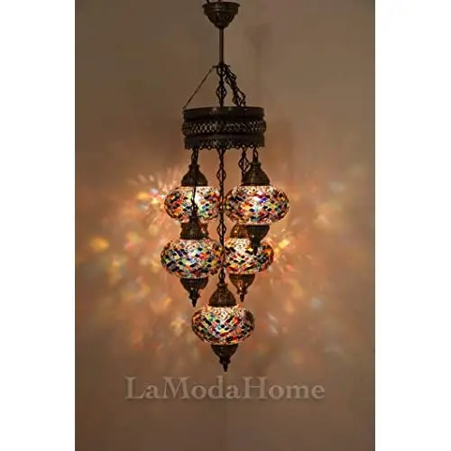 LaModaHome 40 + Unique Colors, 2020 Customizable Chandelier 5 Globes + Free 5 Bulbs, stunning Mosaic Turkish Lamp Moroccan Light