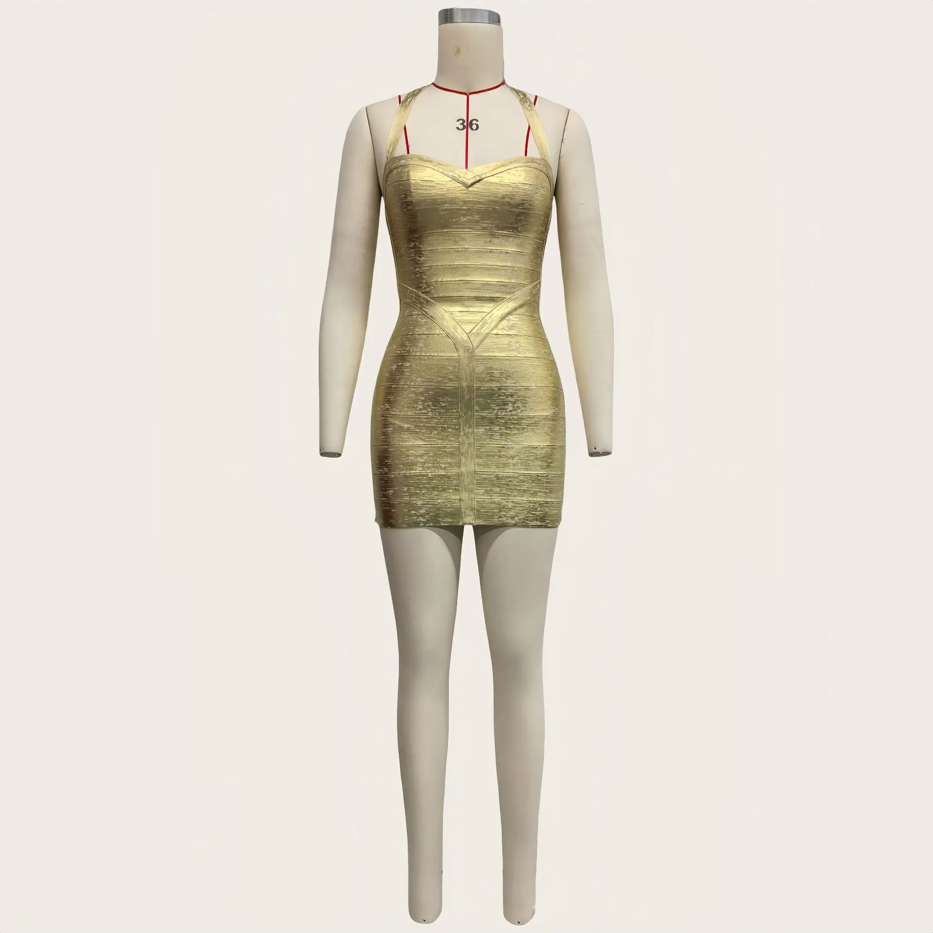 Women's Sexy Sleeveless V-Neck Ruched Gold Midi Bodycon Dress 2026 Party Costume for Bar Nightclub Stage Performance