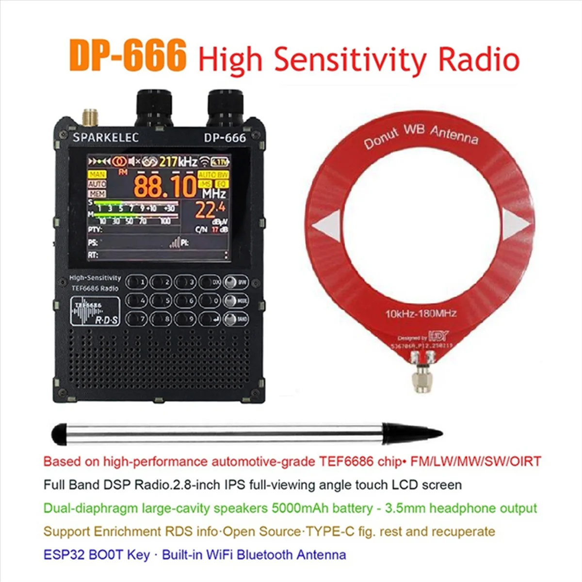 راديو DP-666 TEF6686 عالي الحساسية راديو كامل النطاق FM/LW/MW/SW ESP32 2.8 بوصة IPS TouchS n يدعم ترقية البرامج الثابتة