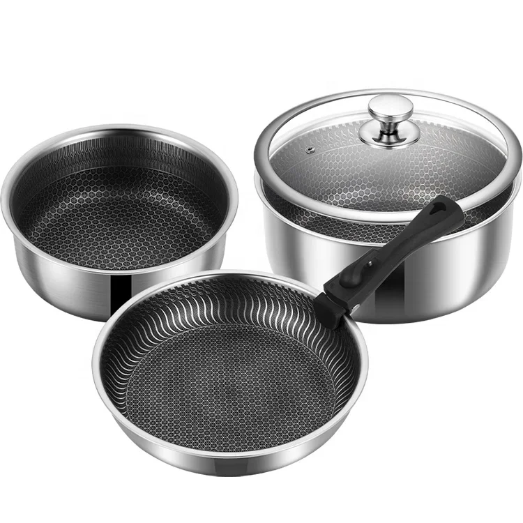 

High Quality Family Outdoor Tri-ply Stainless Steel Honeycomb Nonstick Cooking Pots And Pans Camping Picnic Cookware Set