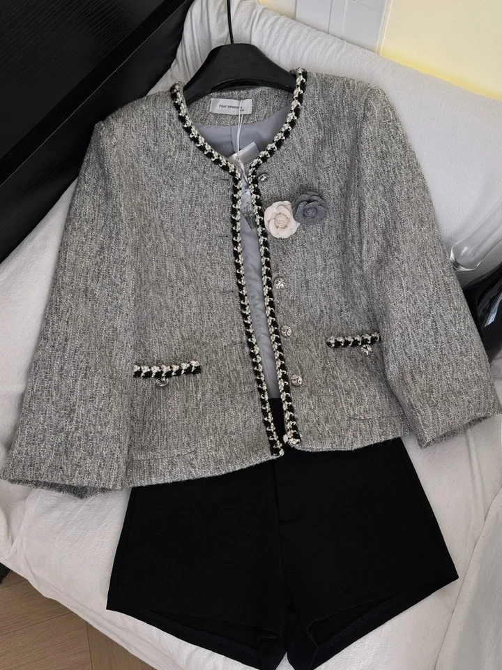 

Тяжелый женский твидовый топ с цветочным принтом V-Ne Long Sve Fashion, осень 2022, универсальный утягивающий топ Sweet Sle