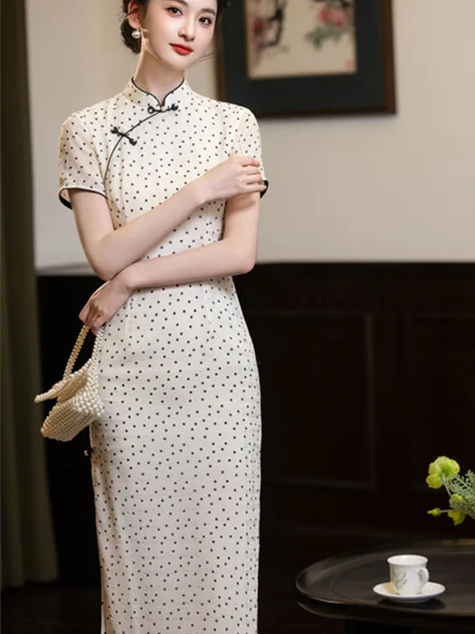 

Повседневное платье в китайском стиле с принтом в горошек, женское, весенне-летнее, дышащее, с коротким рукавом, длинное платье-ципао
