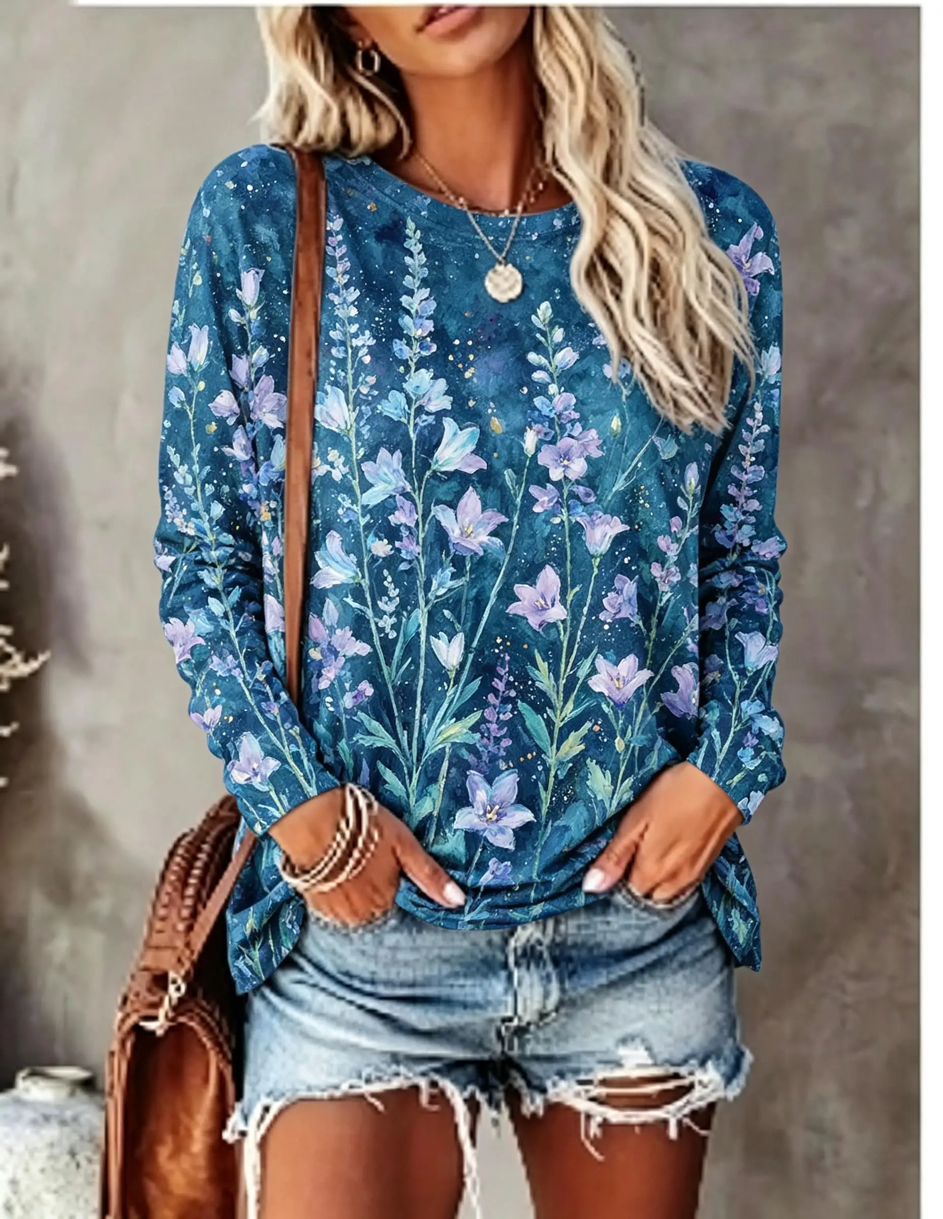 Women Long Sleeve T‑Shirt Oil Painting Iris Floral Vintage Art Print Crew Neck Casual Fall Tops view 5