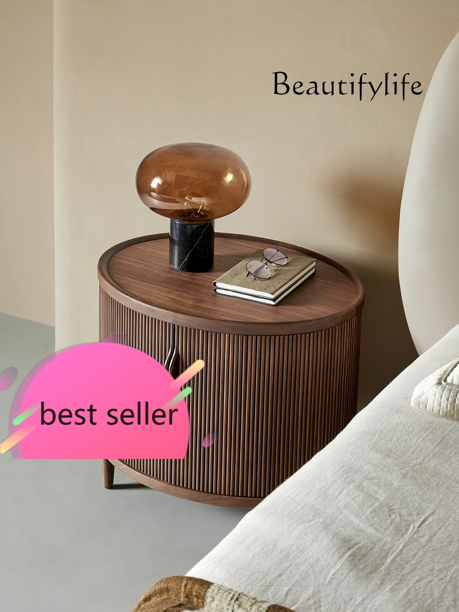 Creative North American black walnut rolling shutter door solid wood bedside table bedroom locker designer bedside table