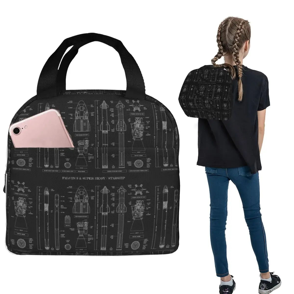 SPACEX Falcon 9 And Super Heavy Starship Insulated Lunch Bag for Women Kids Portable Food Boxes Thermal Lunch Box Tote