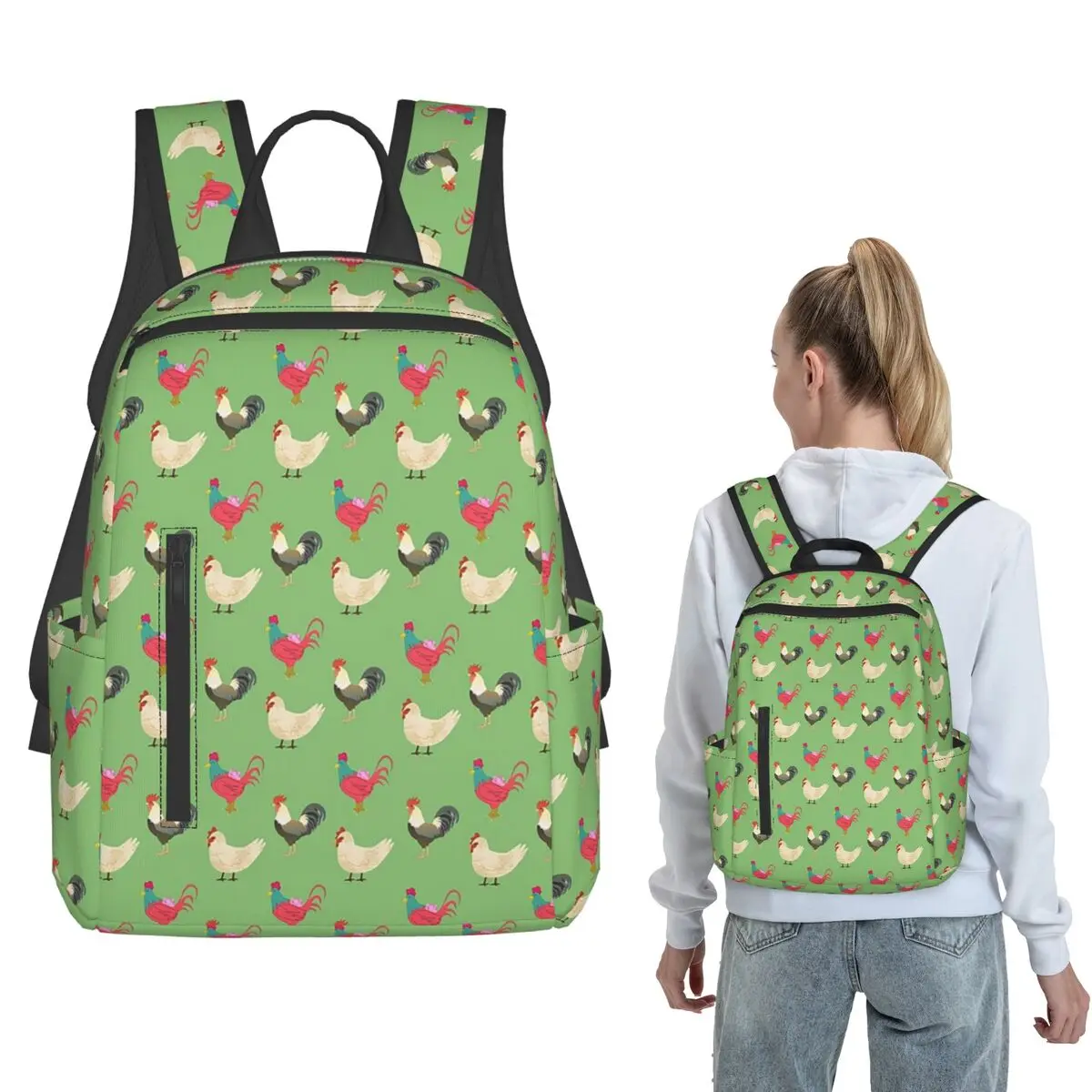 

Chickens Pattern With Green Background Backpack Large Capacity Children BookBag School Bag Shoulder Bags for Men Women