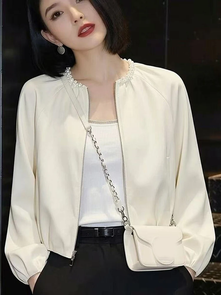 Elegant Pearls Sweet Jacket Women Fashion O Neck Slim Long Sleeve Short Coat Fall Chic Female Zipper Ins All Match Outwear Tops