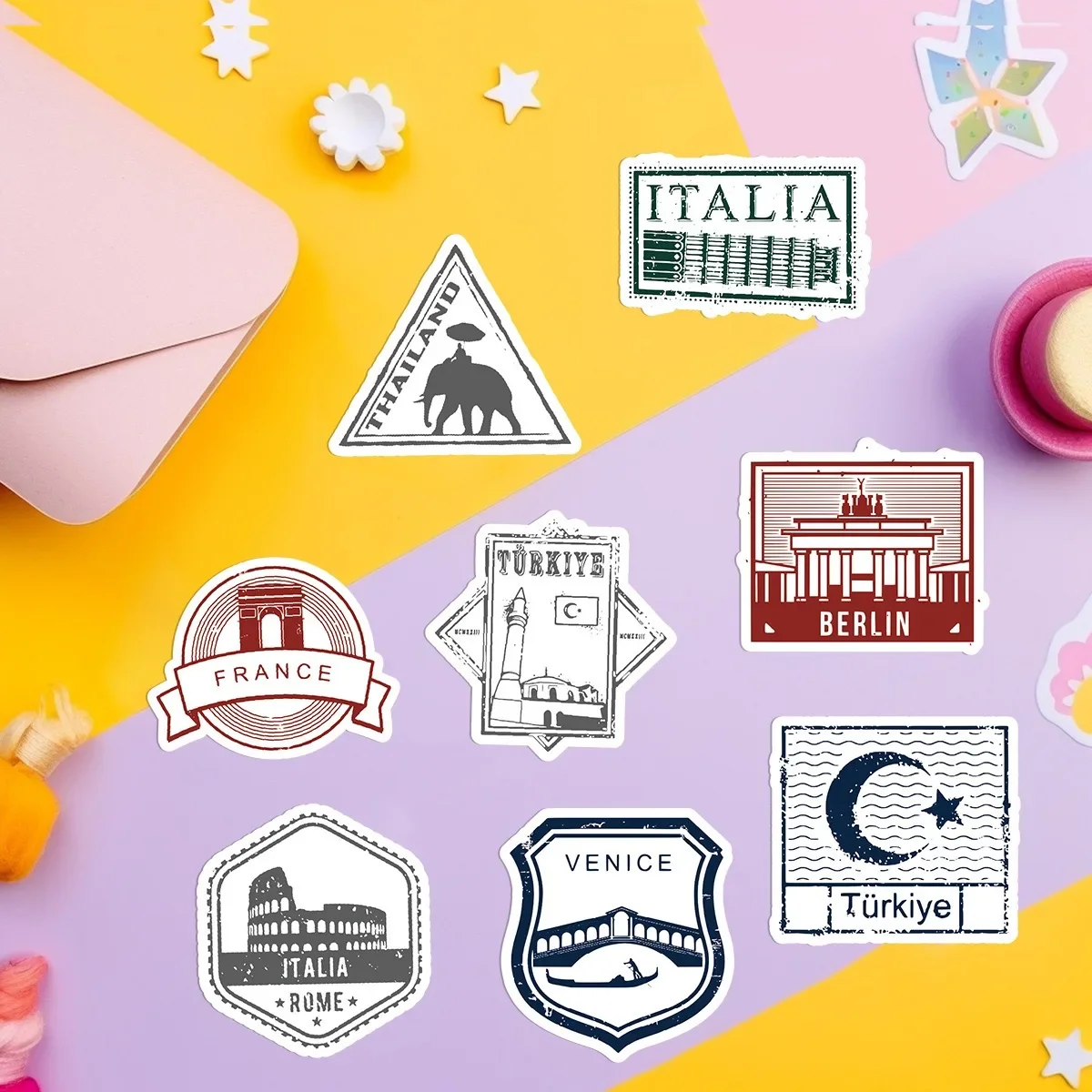 10/50PCS Vintage Landmark Travel แสตมป์สติกเกอร์สมุดภาพโทรศัพท์กระเป๋าเดินทางแล็ปท็อปกีตาร์ DIY สติกเกอร์กันน้ํา Decals ของเล่นเด็ก