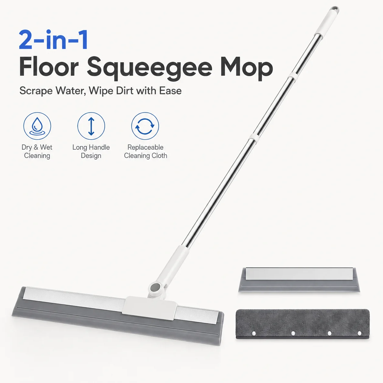Joybos 3-in-1 Floor Squeegee Mop with Adjustable 62 in Stainless Steel Pole, 16 in Wide and 8 in Compact Heads, Replaceable Cleaning Cloth for Floors, Glass and Walls