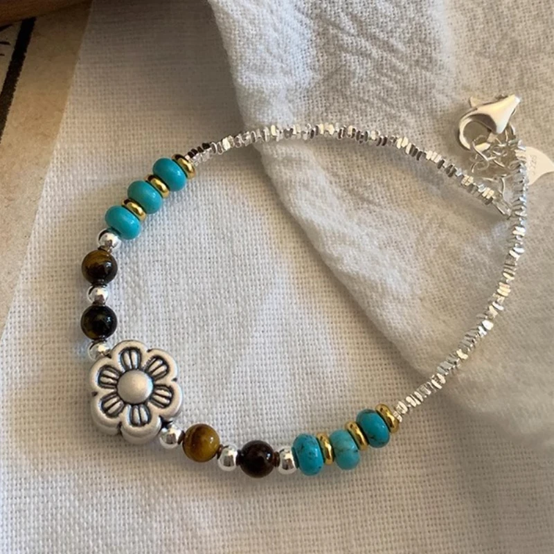 

Retro Flower Turquoise Stone Bracelet Female Charm Beads Chain Bracelet Bohe Adjustable Jewelry for Women Gifts