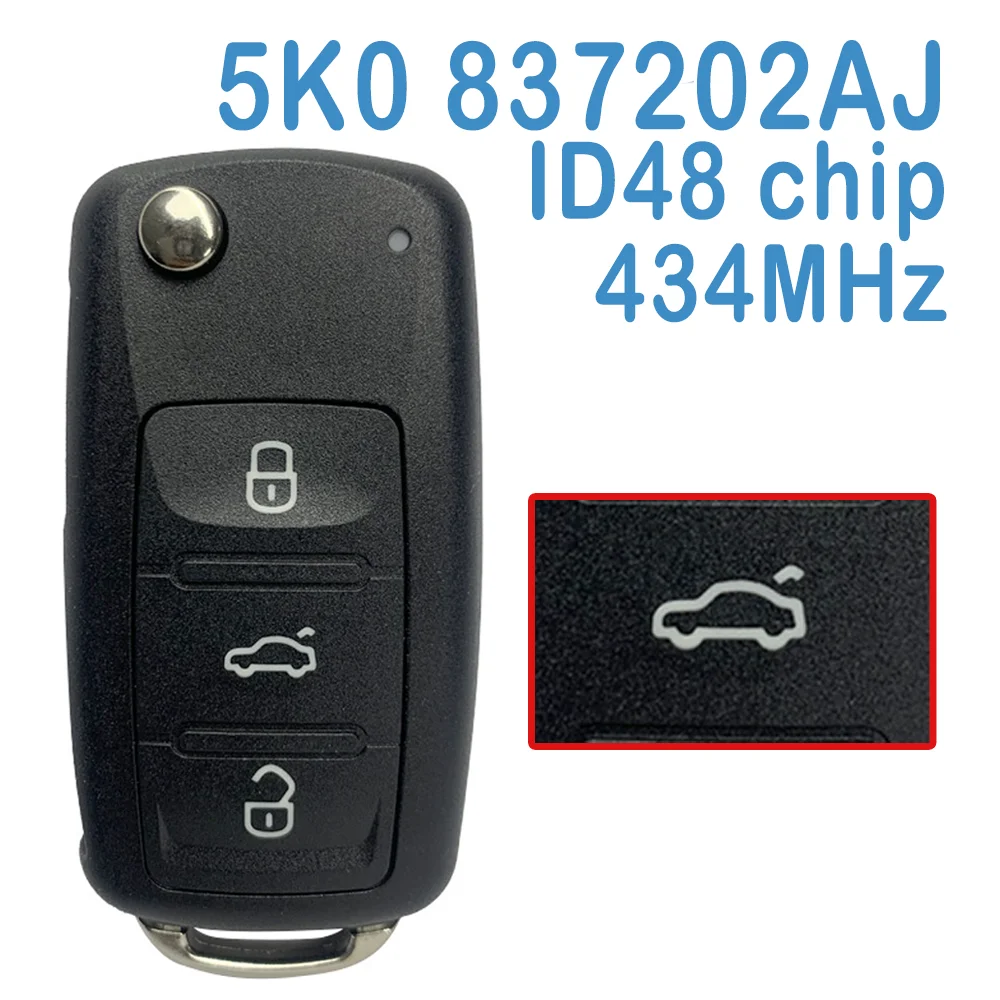 

5K0 837 202 AJ Auto Smart Remote 3 Buttons 434MHz ID48 Chip Replace Car Key Fob For Volkswagen Golf Caddy Beetle Polo Jetta