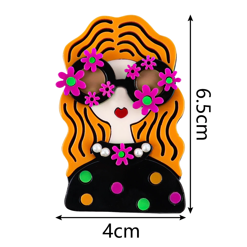 New Flower Glasses Lday Acrylic Brooches for Women Cute Long Hair Female Brooch Badge Pins Casual Jewelry Cutsome Accessories