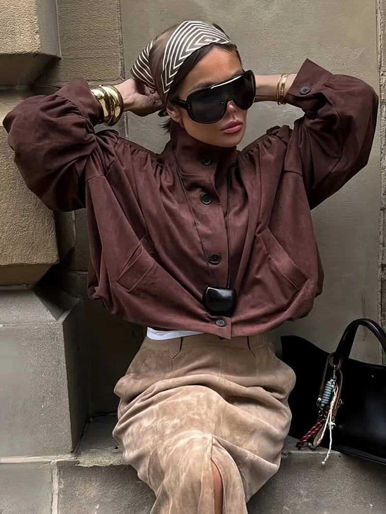 

HH женская осенняя винтажная замшевая плиссированная куртка 2021, женская темпераментная водолазка, однобортное повседневное короткое пальто с карманами