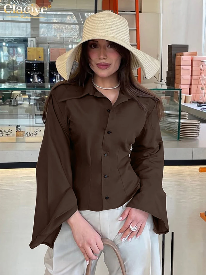 

Clacive Fashion Loose Brown Women's Shirt Casual Lapel Long Sleeve Blouse Elegant Classic Solid Top Female Clothing Streetwear