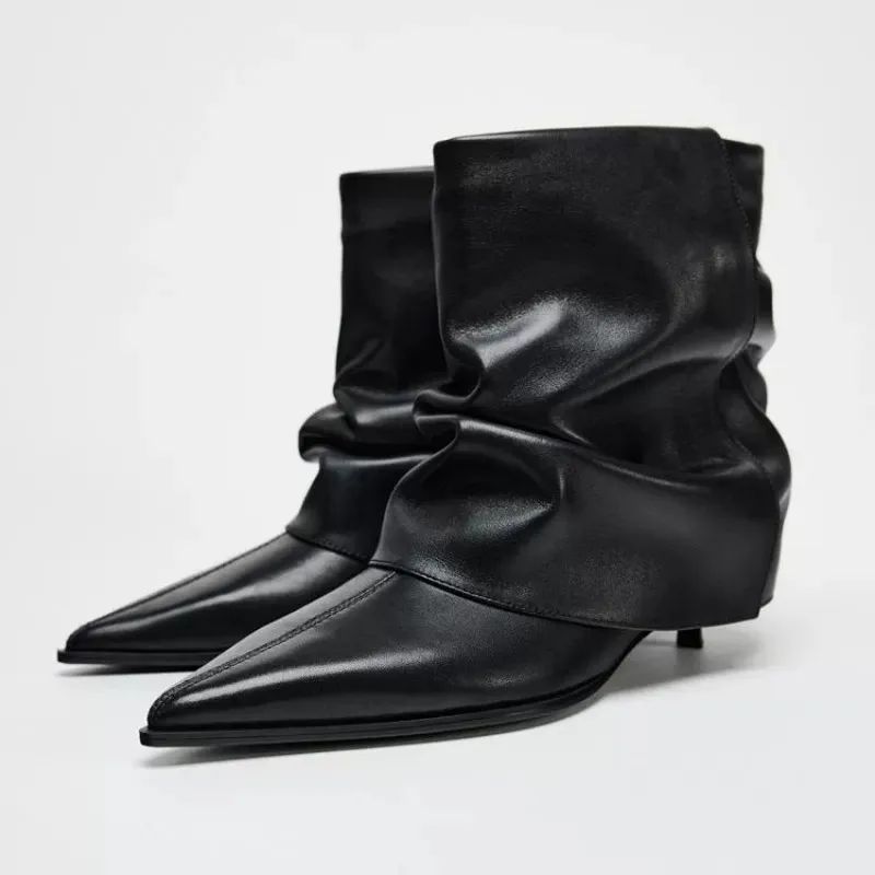 Four-season women's black and brown sexy pointed pleated short boots.Simple and versatile luxury mid-calf boots.Extra large size