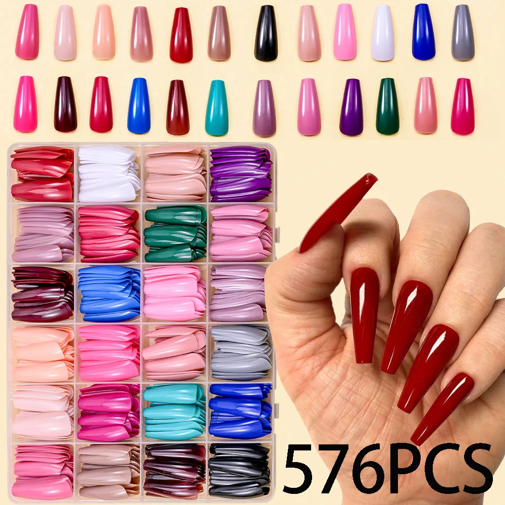 Glossy Red/Green/Blue/White Almond False Nails On Nails Acrylic Fake Nails 576pcs Medium Length Solid Color Full Cover Press