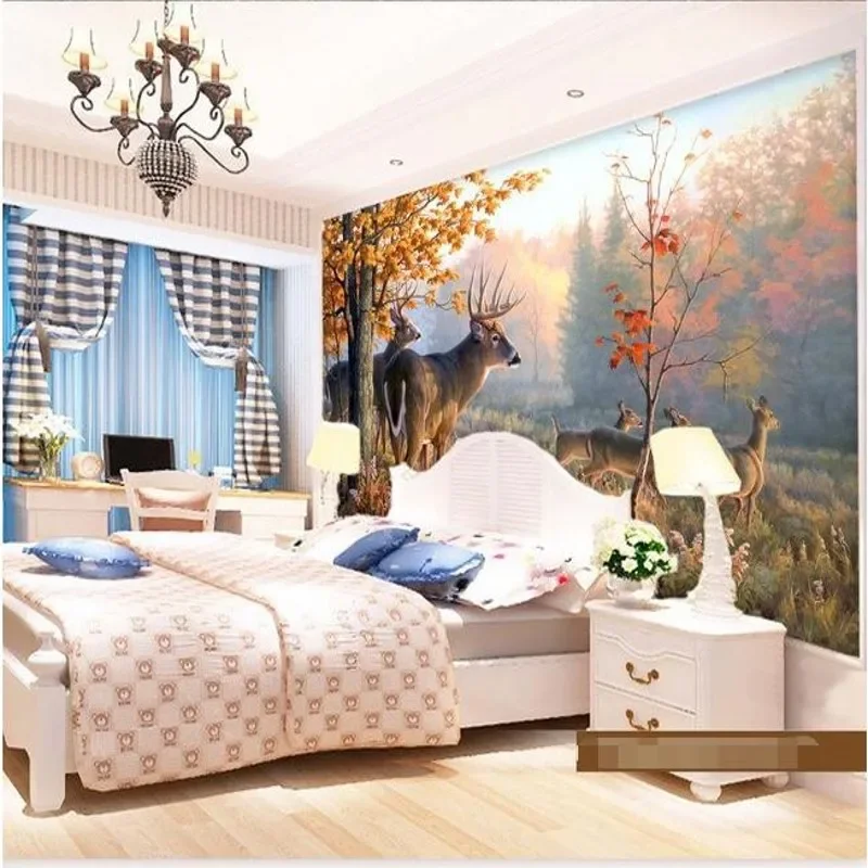 beibehang  custom mural silk cloth 3d room wallpaper Wall of setting of milu deer in the forest photo wallpaper for walls 3 d