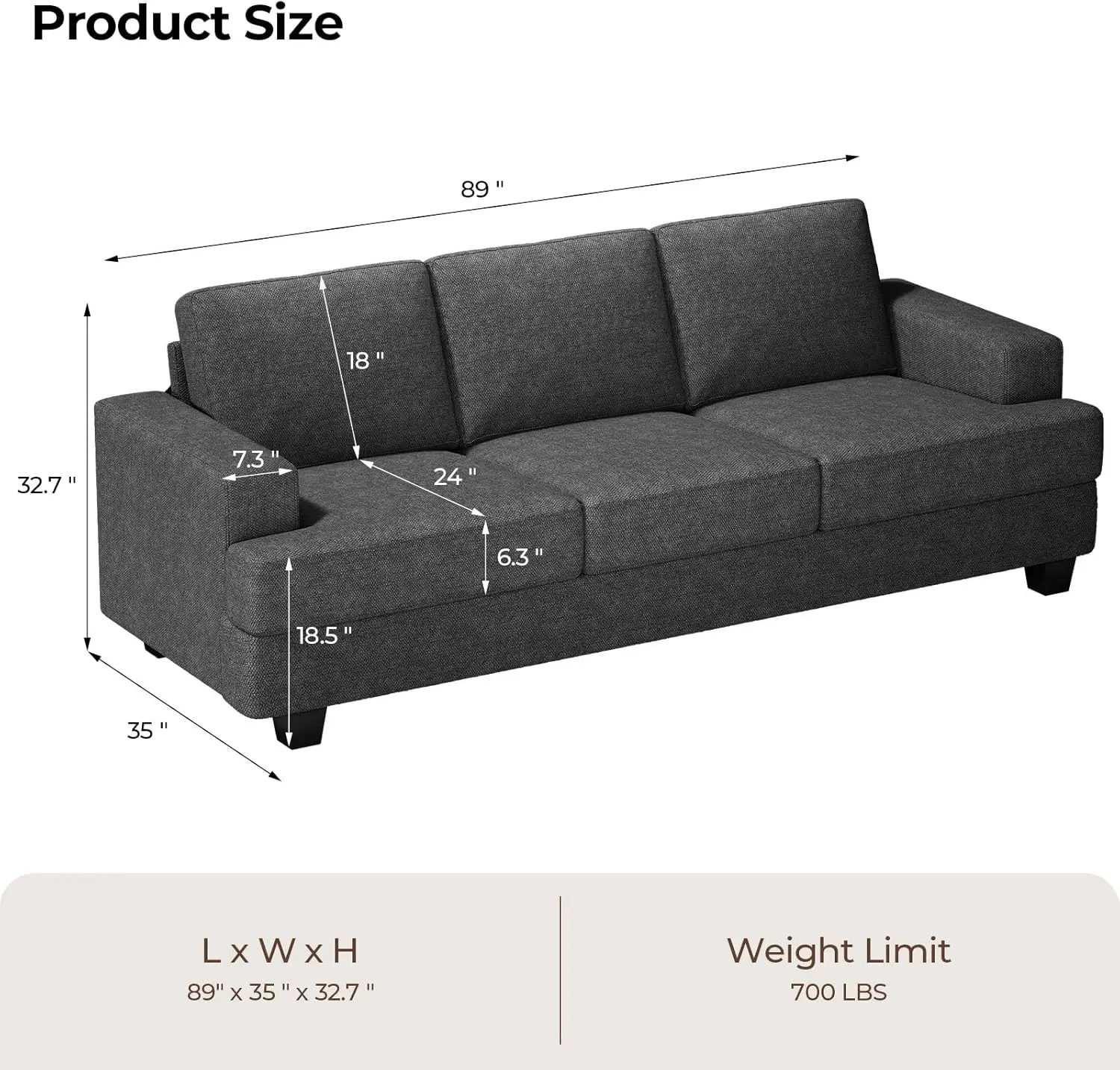 89 Inch Couch, 3 Seater Couches with Deep Seats, Modern Grey Loveseat 3-Seat Sofa Couches, Detachable Sofa Cover/Easy to Install