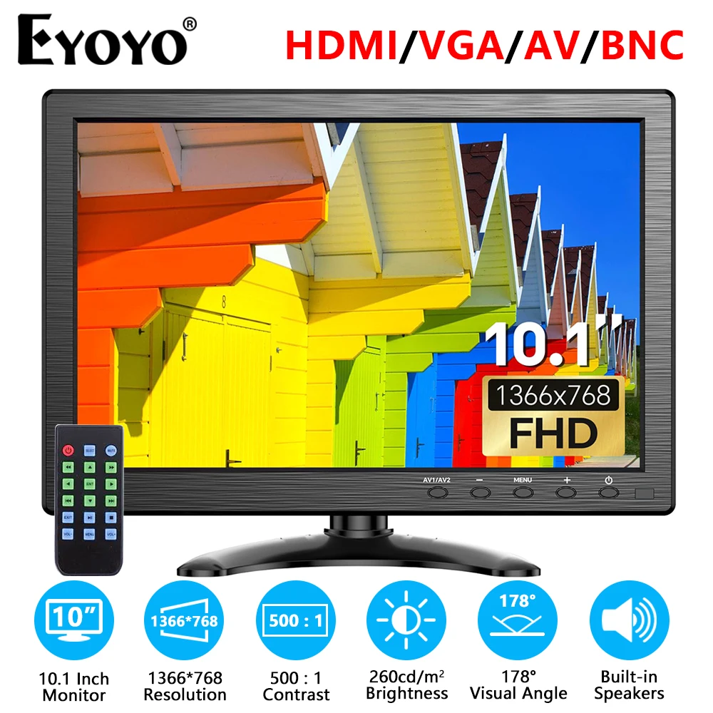 Eyoyo EM101AD 10-inch Desktop Security Monitor 1366x768 HD LCD Screen Built-in Speakers&Remote Control for PC CCTV Camera X-Box