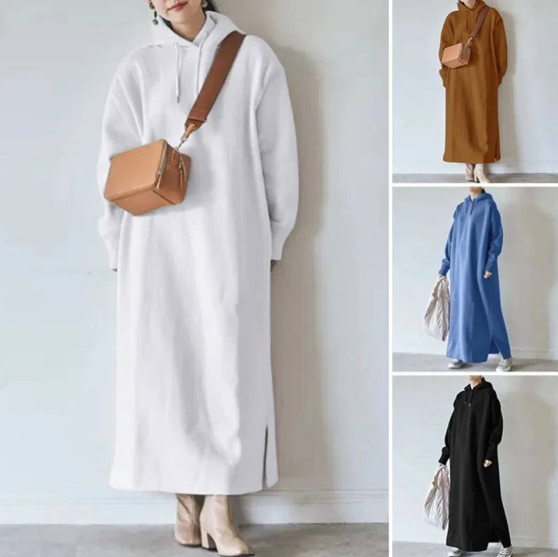 

Casual Hooded Vestidos 2024 Autumn Solid Sweatshirt Dress Women Oversized Hoodies Robe Y2k Oversized Warm Hooded Maxi Dress 원피스