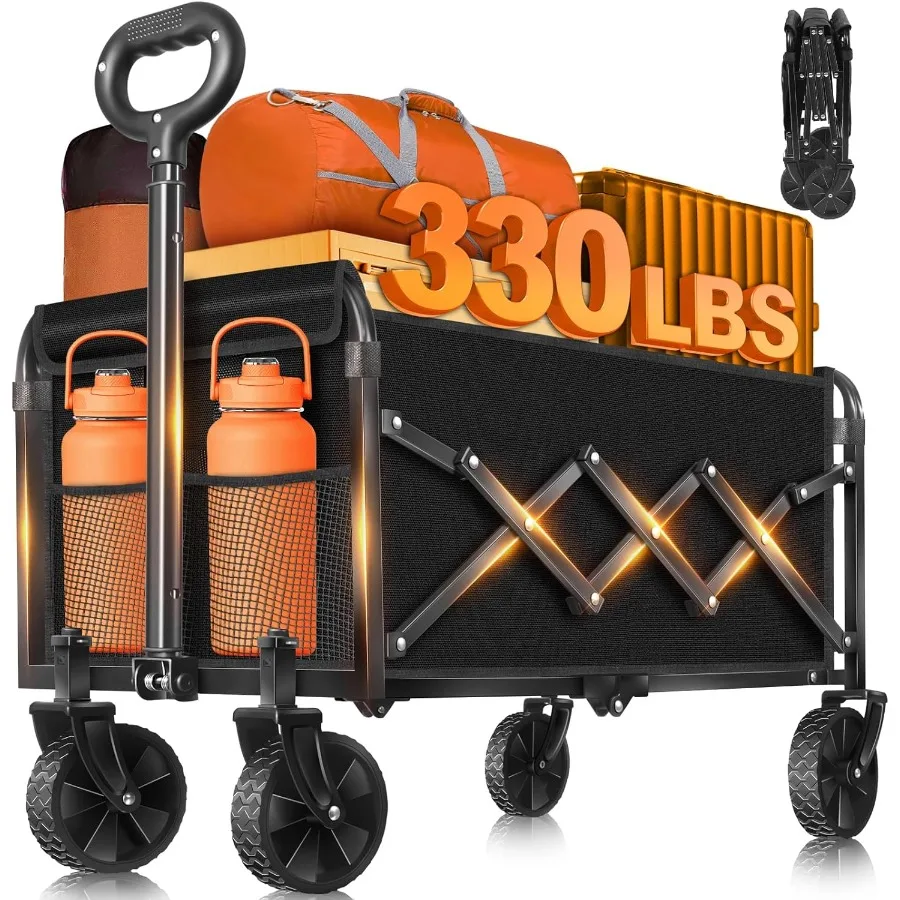 

Wagons Carts Foldable330lbs Large Capacity Collapsible Wagon with Wheels Lightweight Foldable Wagon Cart with Drink Holders for