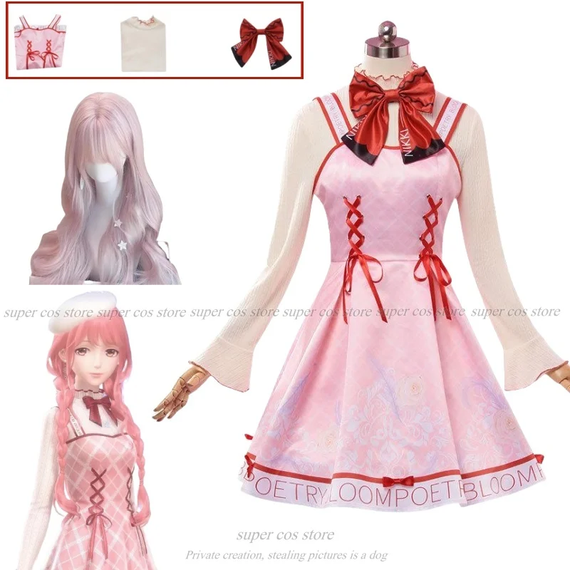 Idylls Infinity Nikki Game Cosplay Pink Dress Sweater Headgear Wig Christmas Costume Set Party Role Play Outfit Women Lolita Wig