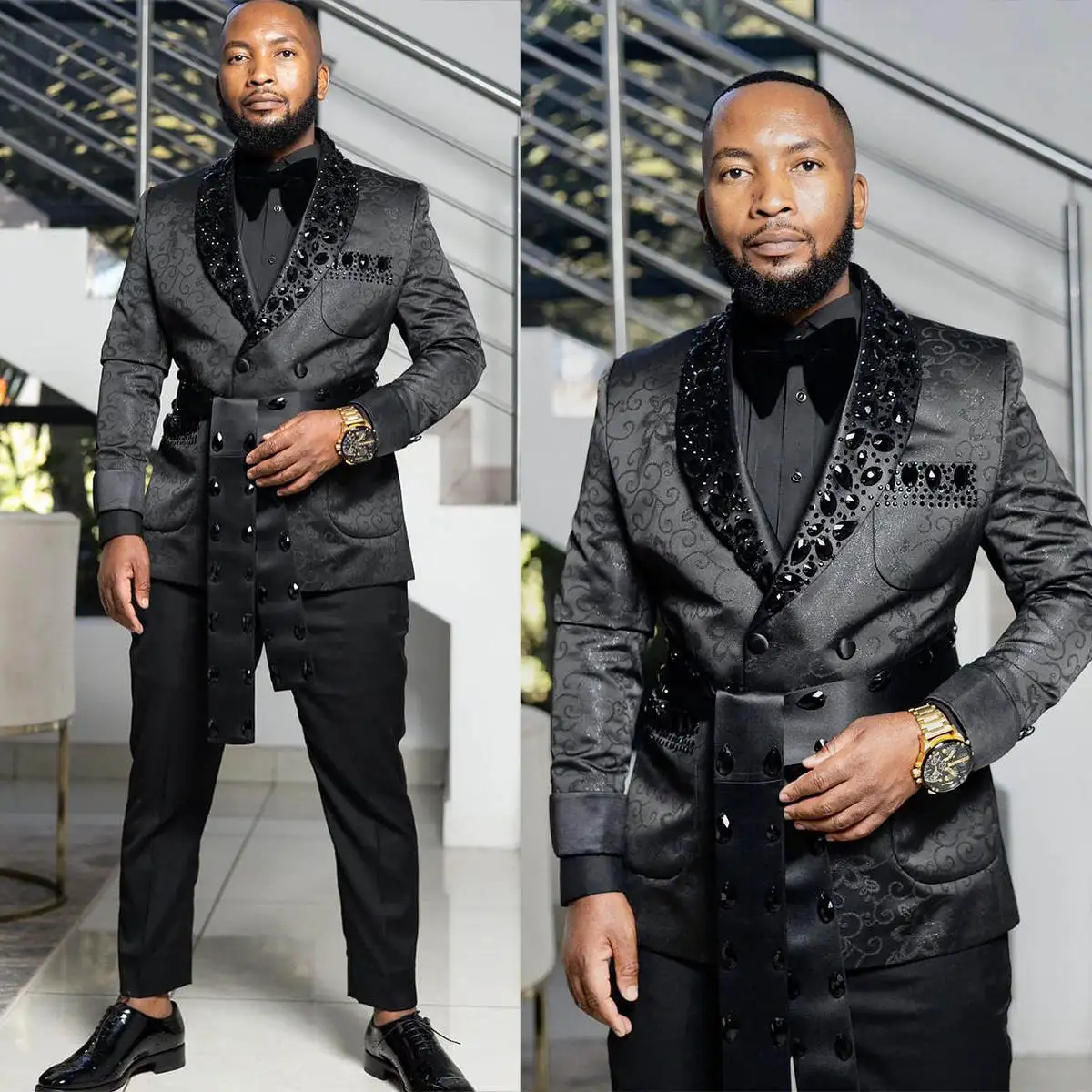 Design Wedding Tuxedo Slim Fit Jacquard 2 Piece Beaded Crystal Men Suit Jacket And Pants Evening Set Business Blazers Customized