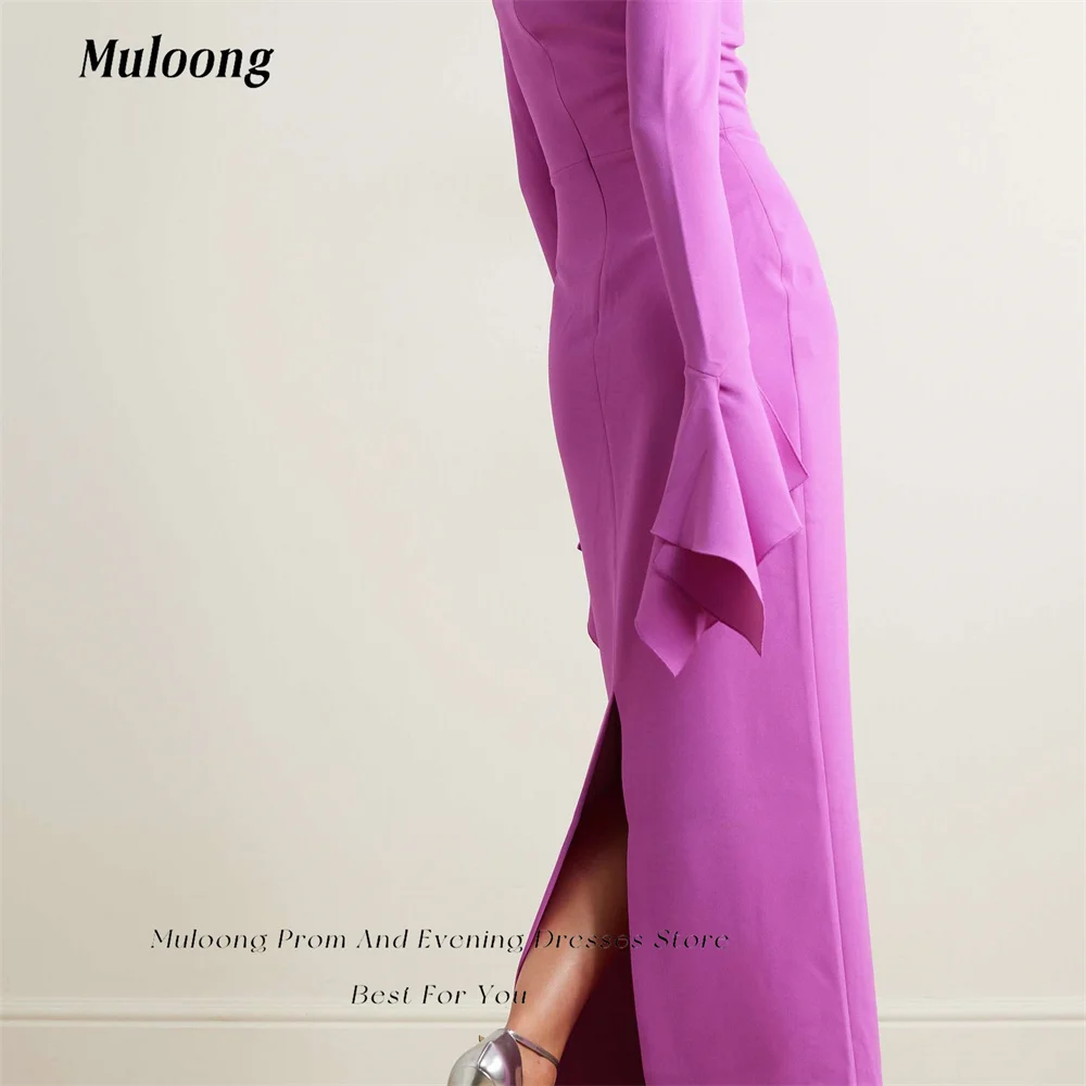 Muloong Purple Boat Neck Saudi Arabia Formal Occasion Gown Flare Sleeves Floor Length Straight Back Split Haute Couture Dress