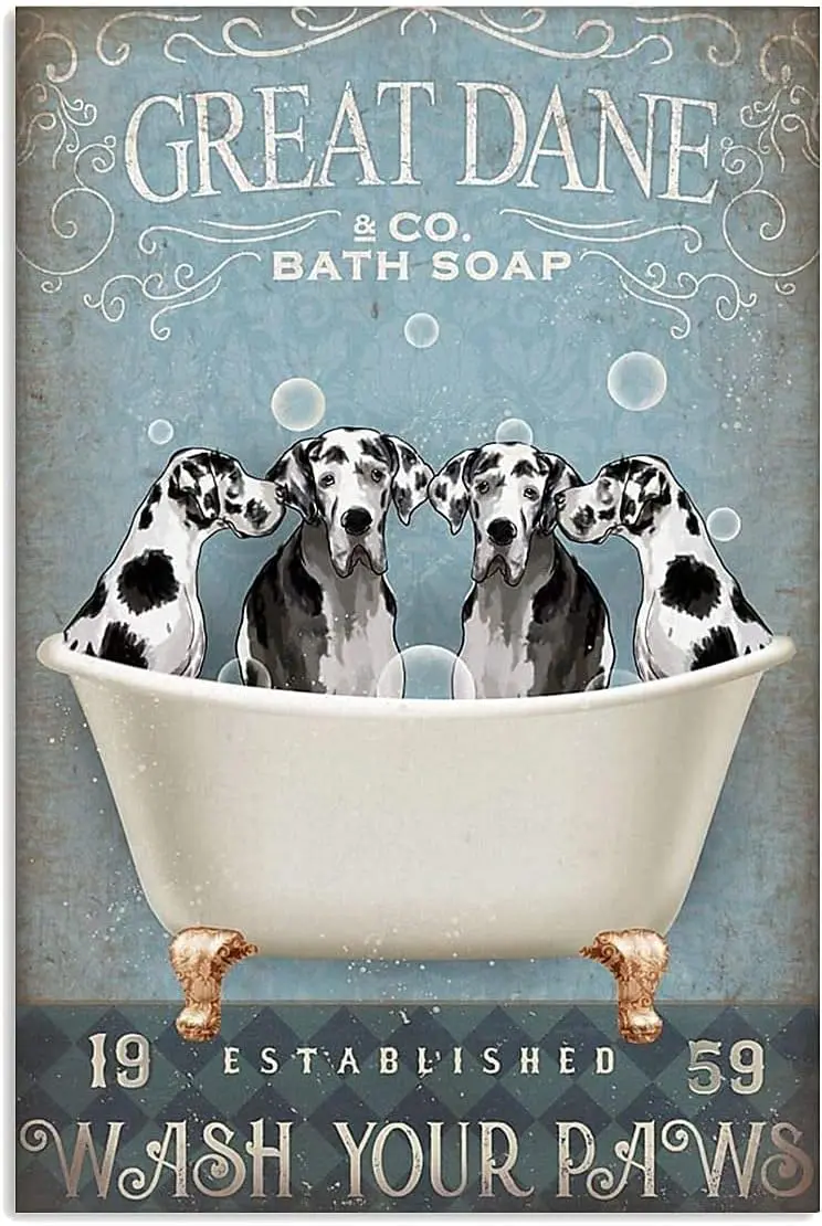 Bathtub Dog Retro Metal Tin Sign, Great Dane Bath Soap Bubble Poster Vintage Toilet Cave Bar Home Bathroom Wall Decoration Sign