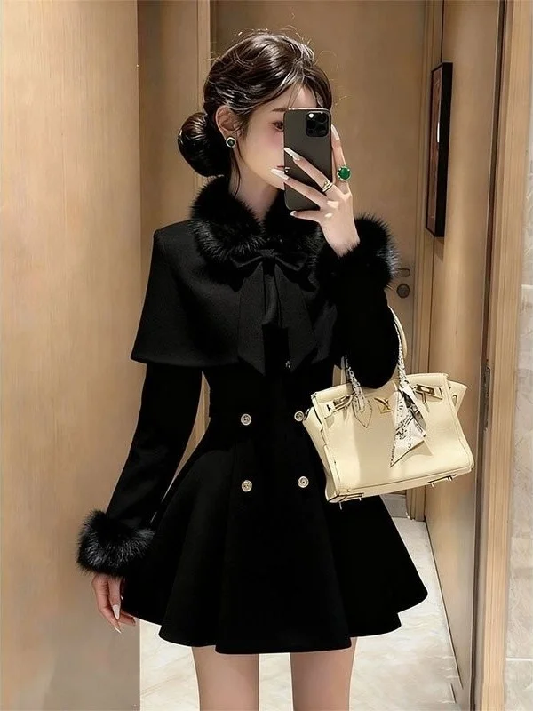 

Ele Bla awl Collar Coat Women's Winter Waist-Cinching Two-Piece Set Luxury Faion Outerwear with irt Design