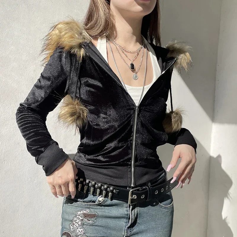 Vintage Faux Feathers Hooded Cardigan Black Cute Furry Ball Decorate  Jackets Autumn Velvet Thin Coats Streetwear