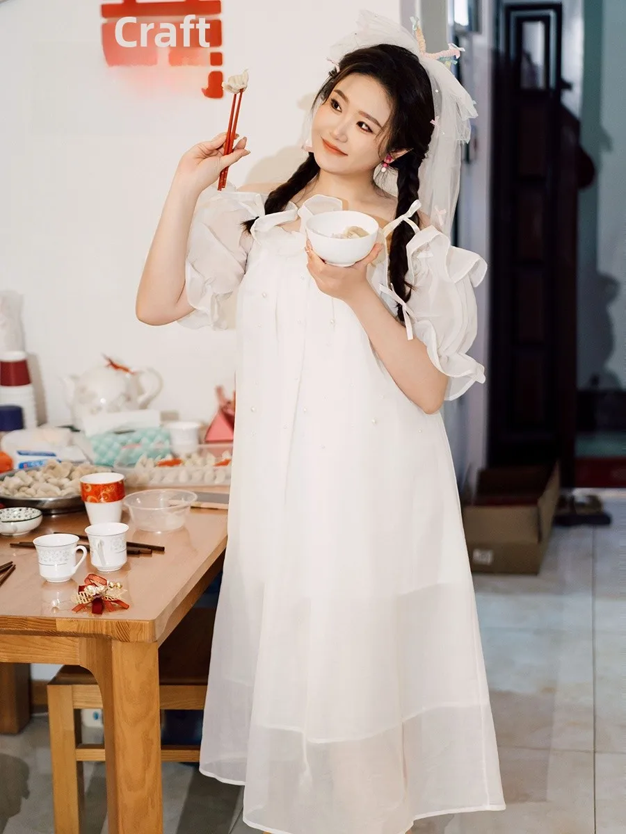 

Princess Style White Lace Bridal Morning Dress Strapless Dress Loose Waist Summer Short Sleeve Mid-Length Skirt for Bride