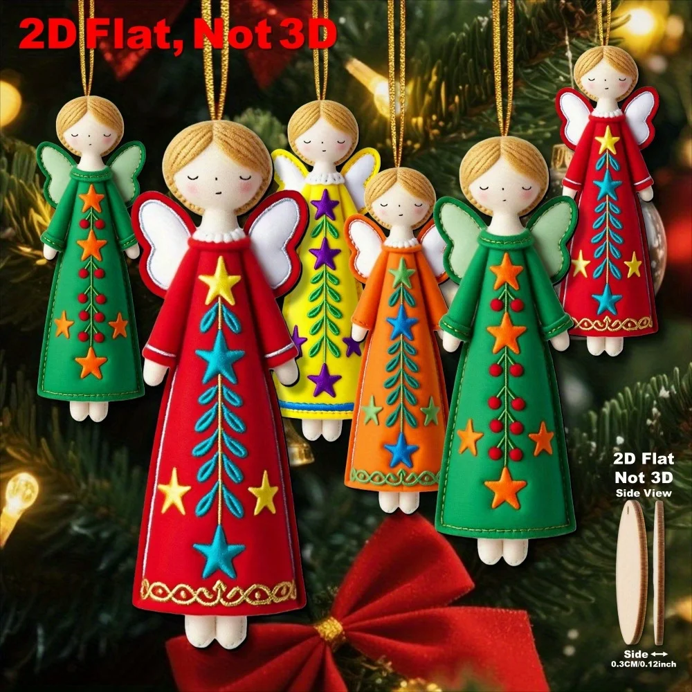 16Pcs Colorful Angel Decorations - 4.7inch Artificial Wooden Flat 2D Angel Ornaments with Star and Floral Patterns, in Bright Pink, Blue, Green, Red, Gold, and White, Suitable for Christmas Tree Toppers, Gift Tags, Party and Home Decorations (No Electricity Required, Suitable for Multiple Holidays)