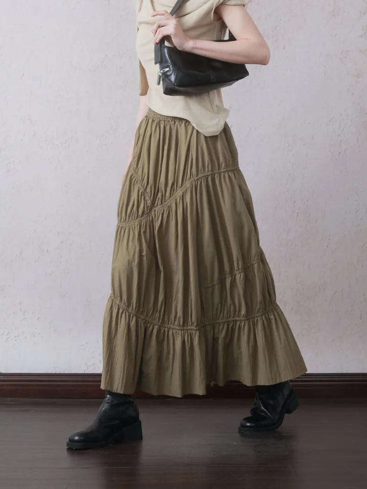 

INGKO Brown Yellow Irregular Pleated f-length Skirt High Waist Long Skirt Cake Skirt Loose pe Commute Sle B5X473Q