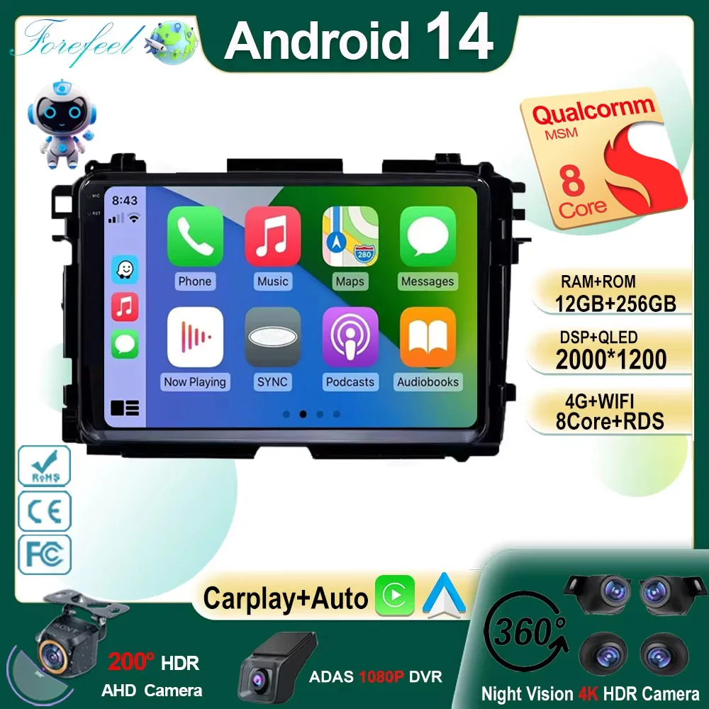 Android 14 Carplay Auto For Honda Vezel HR-V HRV HR V XRV 2013 2014 2015 2016 - 2019 Multimedia Car Radio Player WIFI+5G Stereo