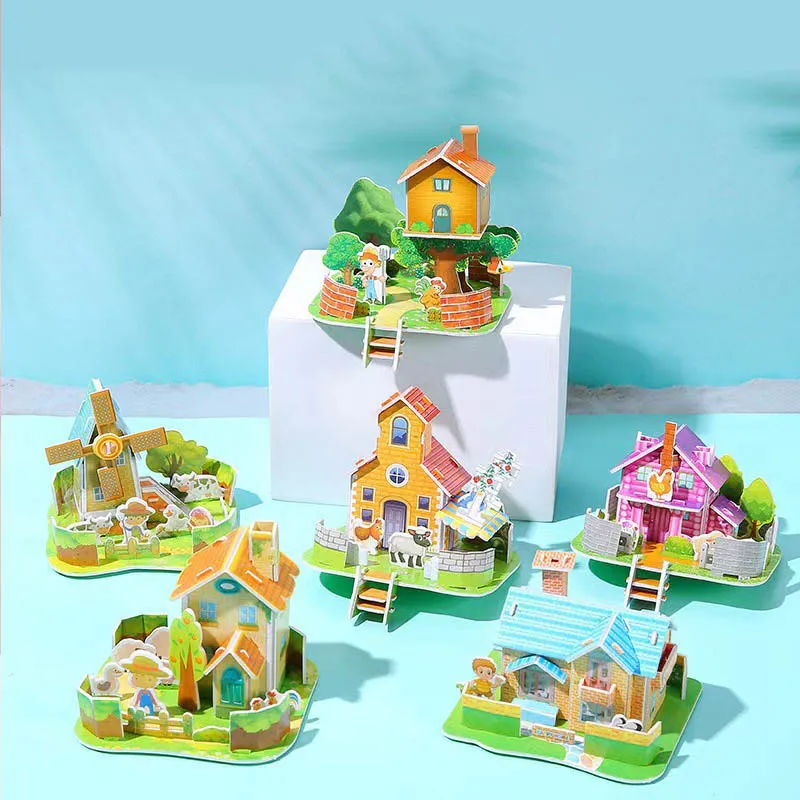 10Pcs Cute Mini 3D- Three-dimensional House Jigsaw Puzzle Children DIY Assembling Ocean Castle Jigsaw Puzzle Toy Student Gift