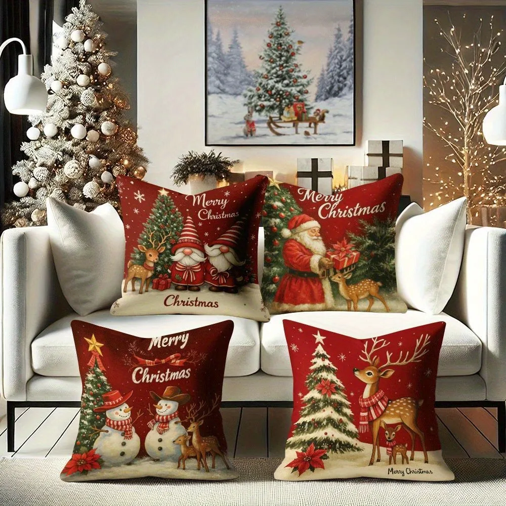 Christmas pillowcase with red background: gnomes, snowmen and reindeer accompany you 2d graphic printing