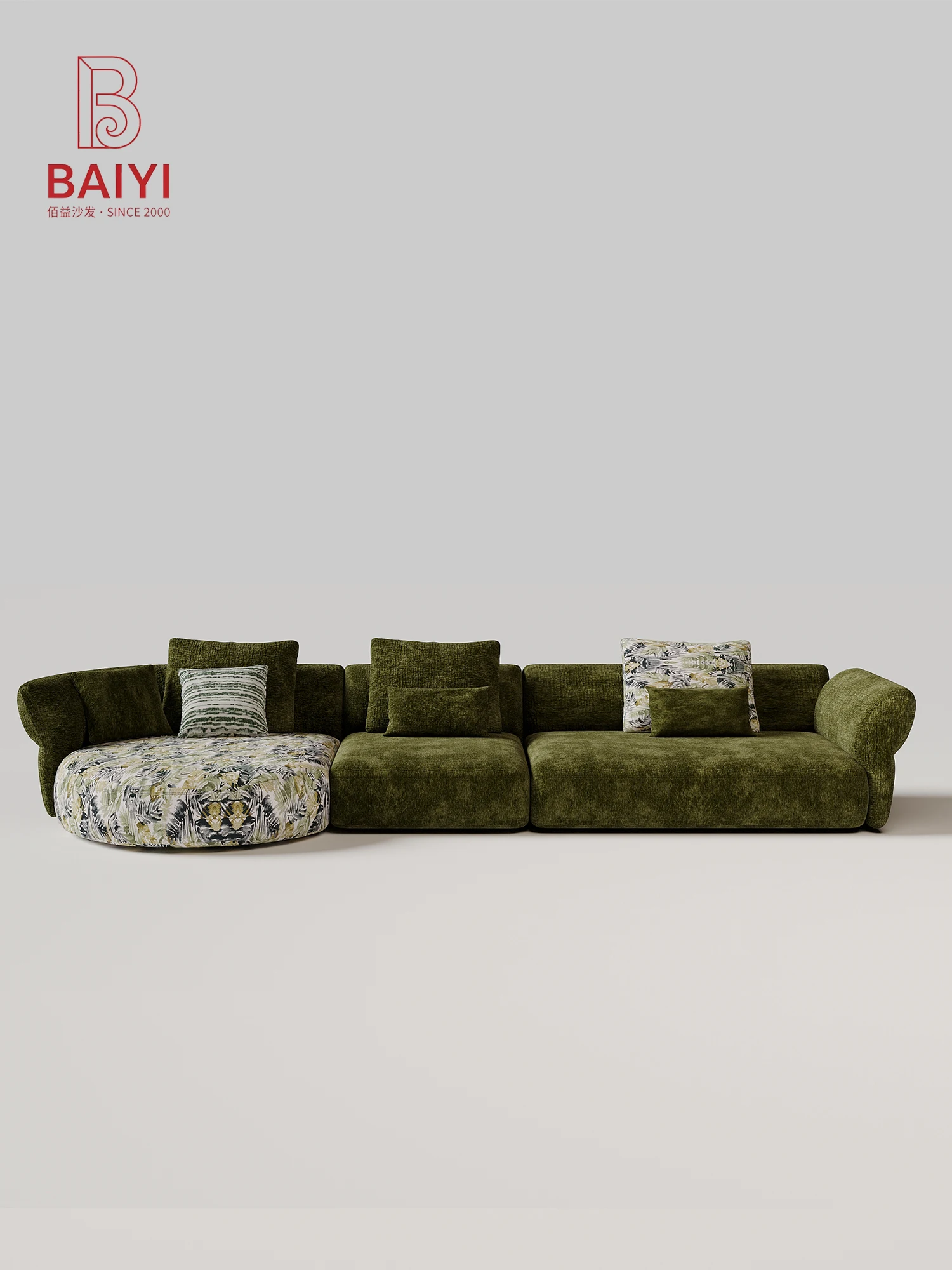 Olive Green Modular Sofa With Round Floral Ottoman Pillow Armrests Floor Style Deep Seat For Living Room Villa Bedroom Home