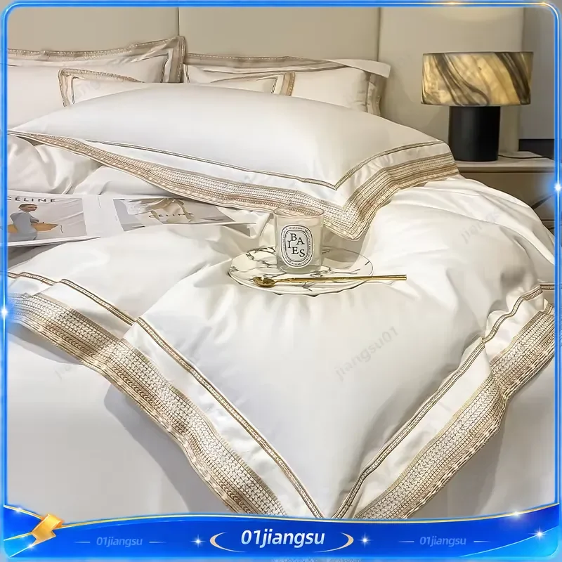 1000TC Egyptian Cotton Bedding Set Luxury Gold Embroidery Duvet Cover Flat Fitted Sheet Pillowcases 4Pcs Hotel Style Bed