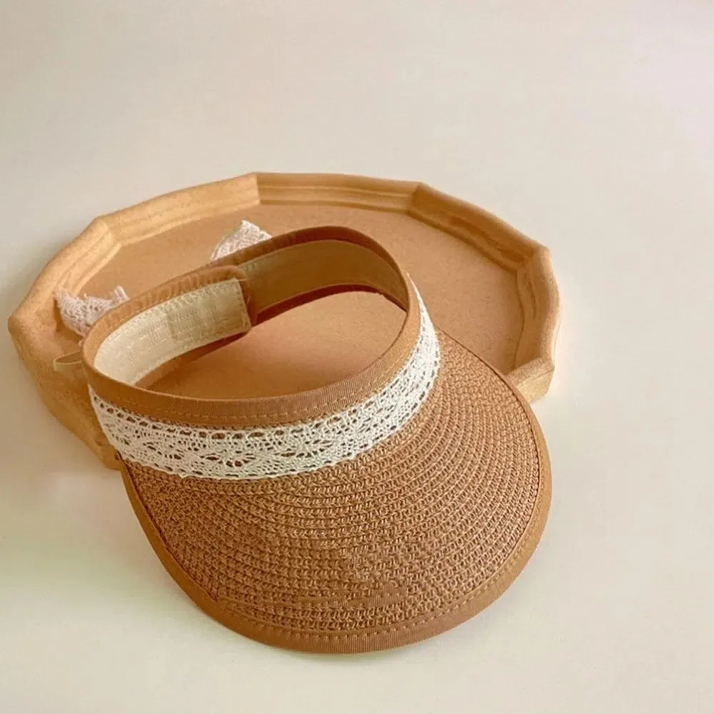 

Fashion Summer Baby Straw Caps Korean Beach Bow Lace Straw Hat Empty Top Wide Brim Children Sun Hat Travel