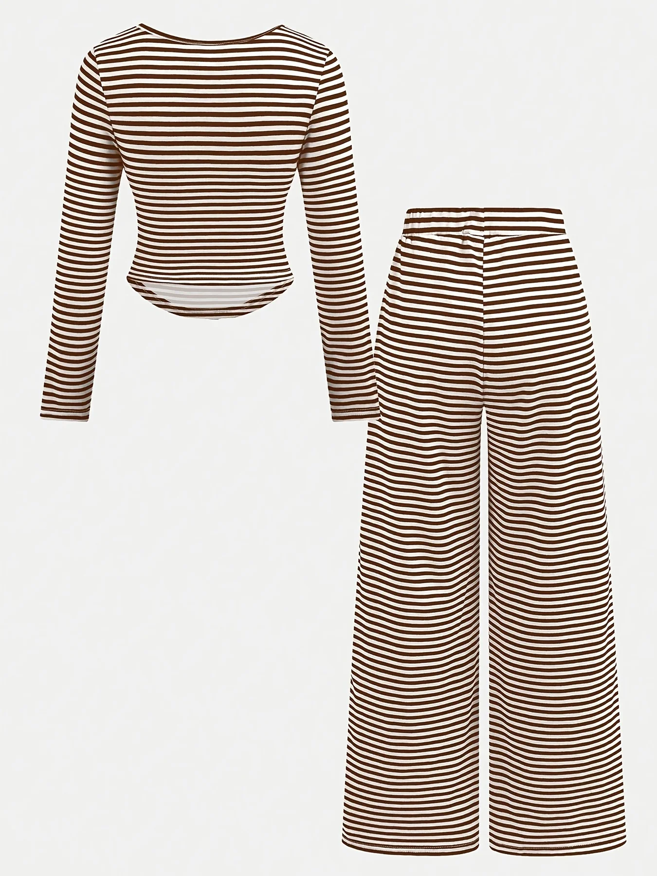 Two-Piece Set for Girls Aged 7-12, Brown and White Striped, U-Neck Long Sleeves, Wide-Leg Flared Pants, Stretchy Soft Knit, Fashionable Casual Outfit, Fall Back-To-School Clothing