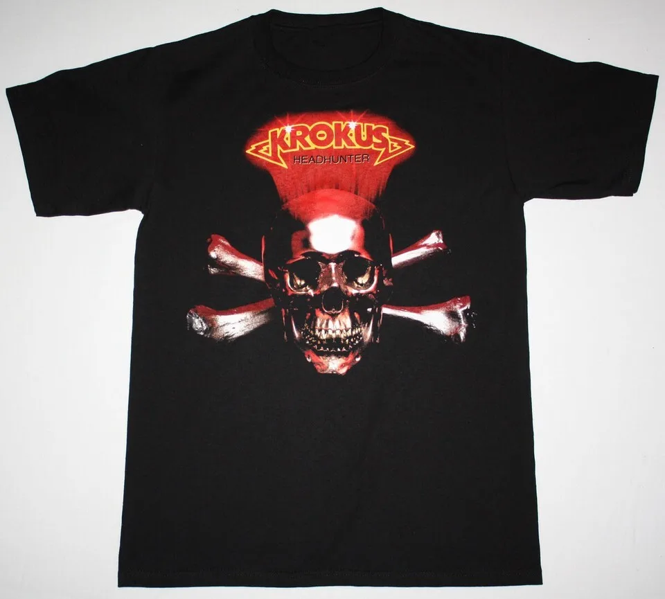 Vtg KROKUS Band HEADHUNTER Algodão Preto Tamanho Total Camiseta Unissex KN066