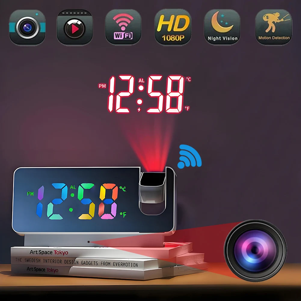 

High definition 4K mini projection clock camera supports WiFi, motion detection, USB power supply, wireless mini camera