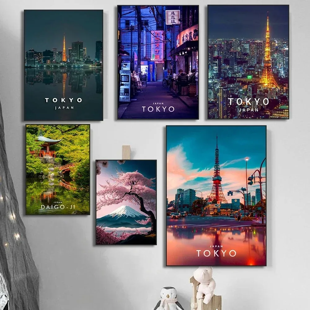 Pintura en lienzo, arte de pared, carteles de áreas escénicas famosas de Japón, Torre de Tokio, imágenes nocturnas de Fujiyama, impresiones de Japón para decoración del hogar