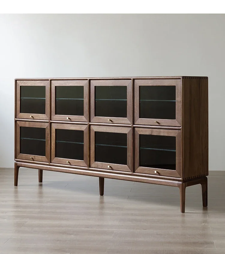 VHBlack walnut glass side cabinet, combined storage, all solid wood bookcase, sliding door guest restaurant wine cabinet