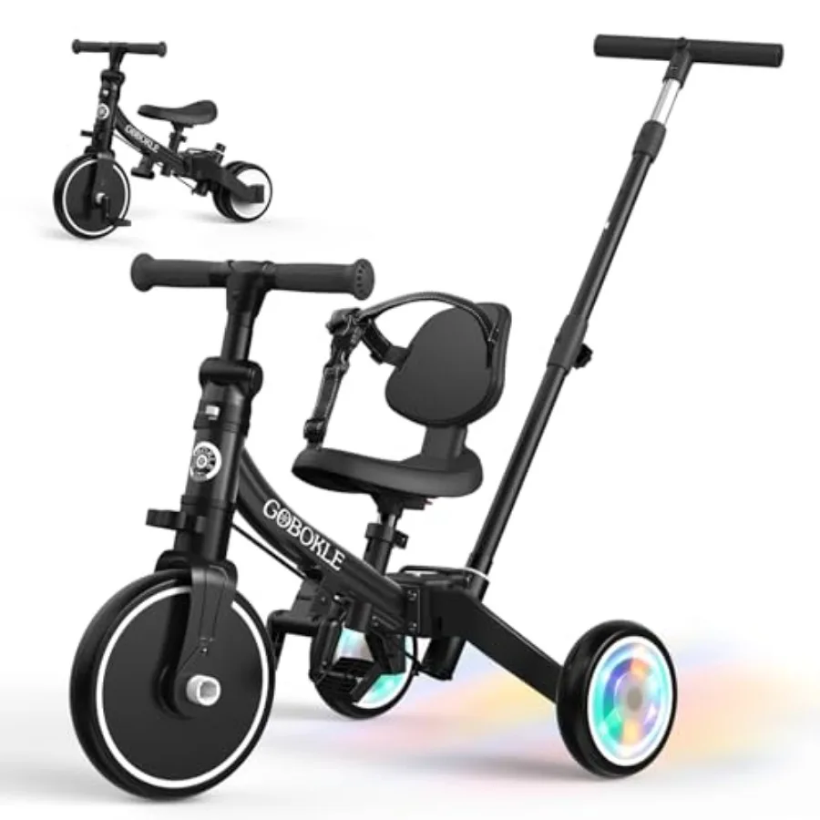 

5-in-1 Toddlers Tricycle 1-3 Years Old with Push Handle Removable Pedals Balance Bike Colorful Lighting Wheels Adjustable Seat